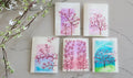 Set of 5 Cherry Blossom Trees Hand Painted Original Cards