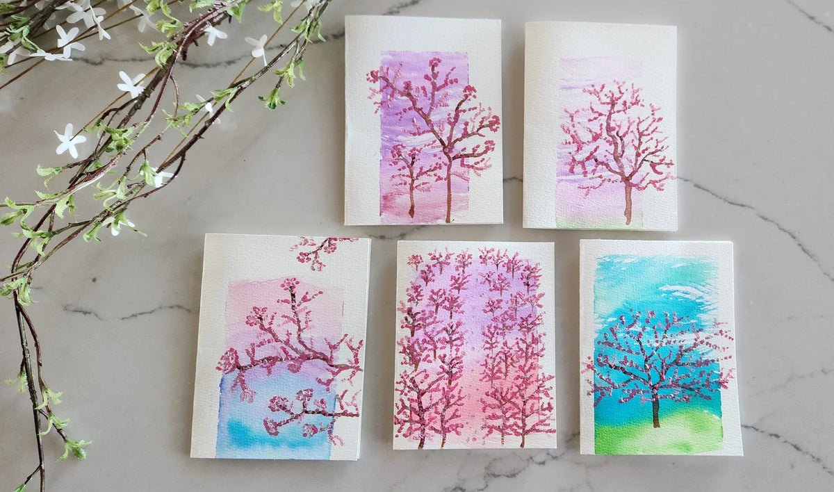 Set of 5 Cherry Blossom Trees Hand Painted Original Cards