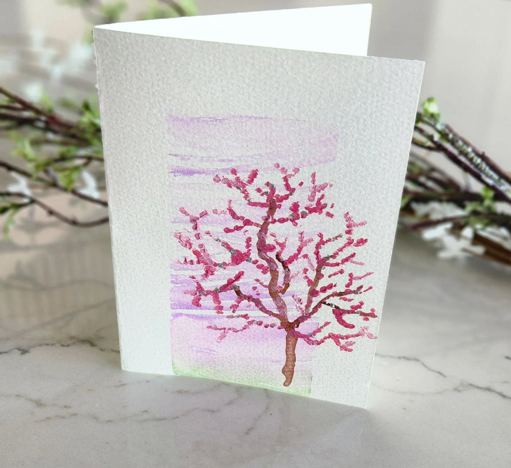 Set of 5 Cherry Blossom Trees Hand Painted Original Cards