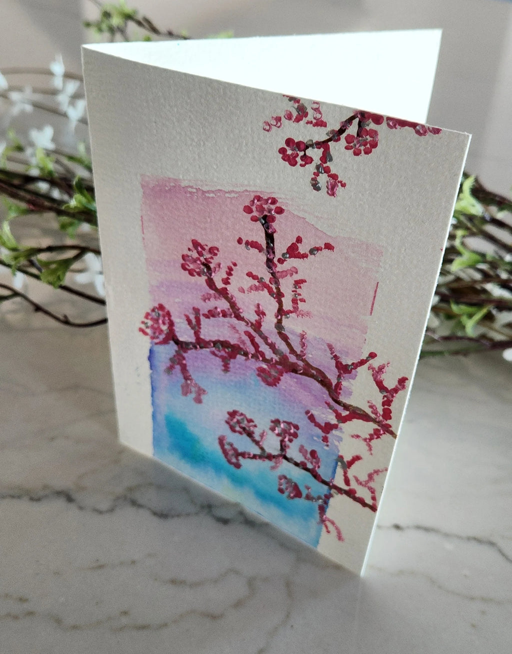 Set of 5 Cherry Blossom Trees Hand Painted Original Cards