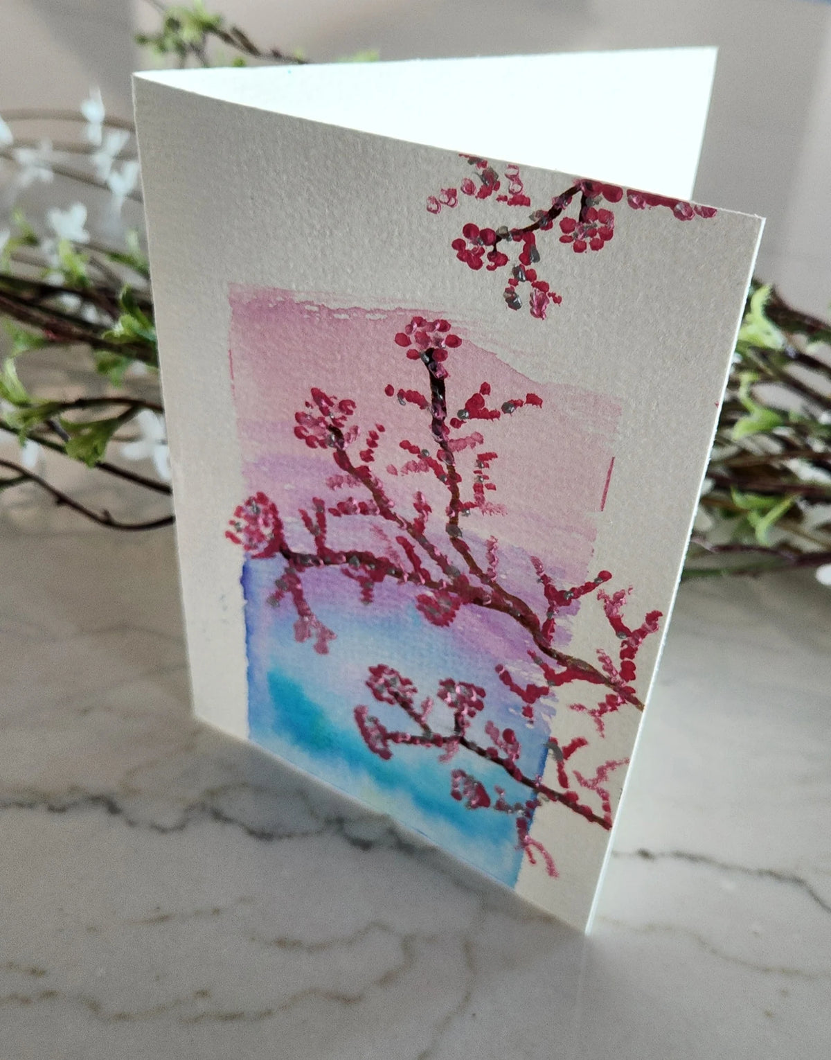 Set of 5 Cherry Blossom Trees Hand Painted Original Cards