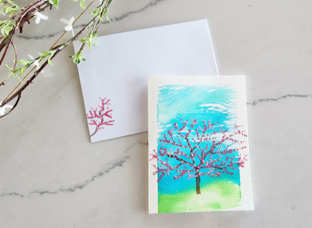 Set of 5 Cherry Blossom Trees Hand Painted Original Cards