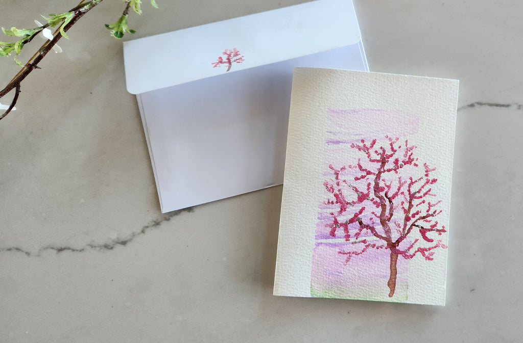 Set of 5 Cherry Blossom Trees Hand Painted Original Cards