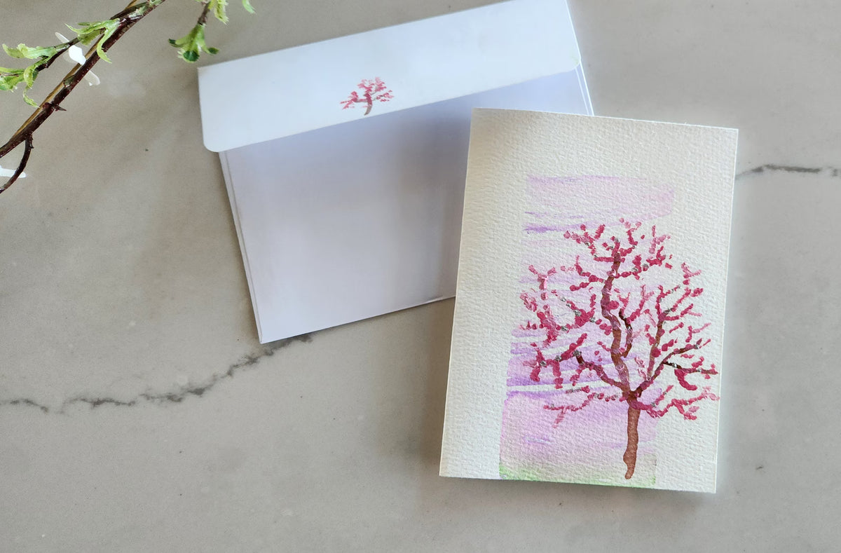 Set of 5 Cherry Blossom Trees Hand Painted Original Cards