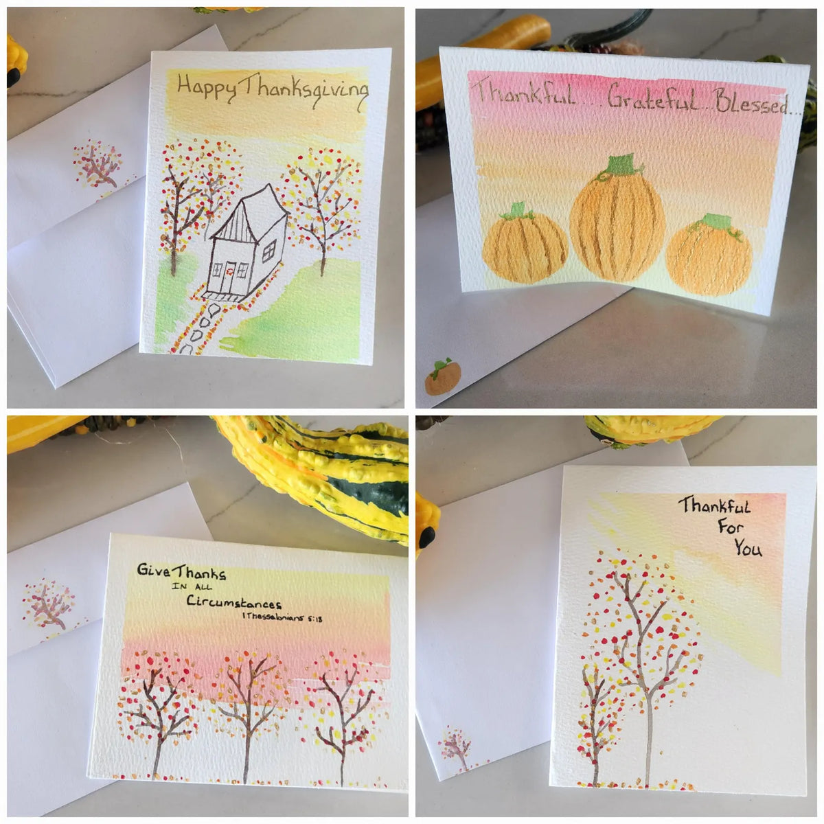 Set of 4 Fall Hand Painted Original Cards