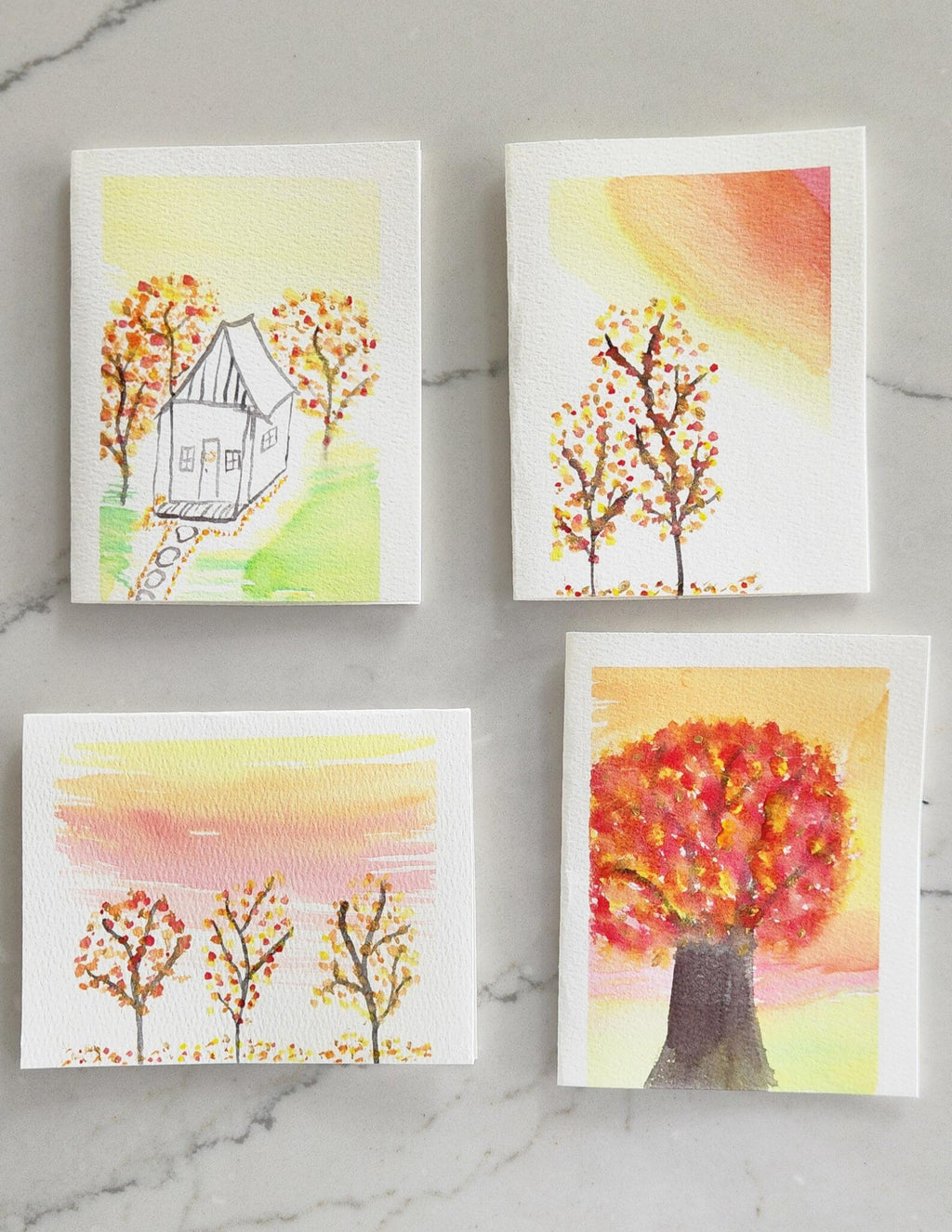 Set of 4 Autumn Hand Painted Original Cards