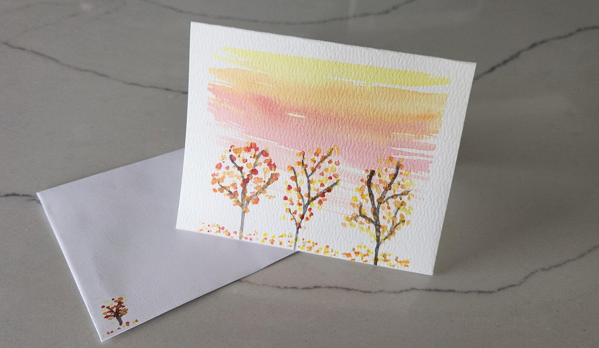 Set of 4 Autumn Hand Painted Original Cards