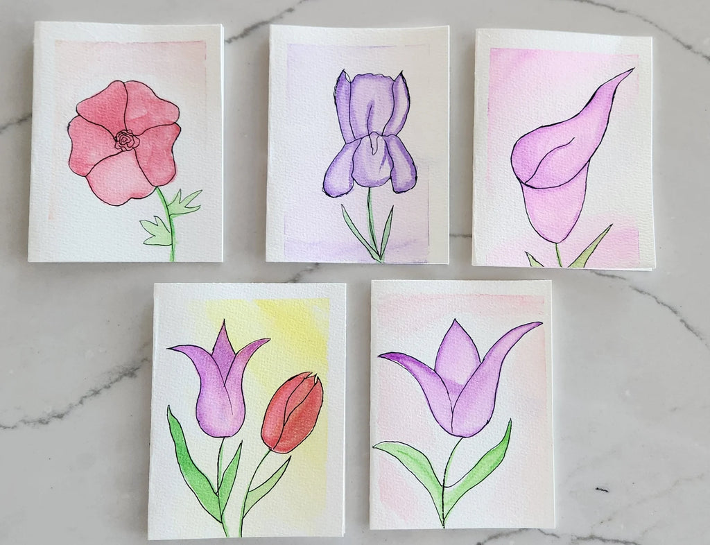 Set of 5 Floral Hand Painted Original Cards