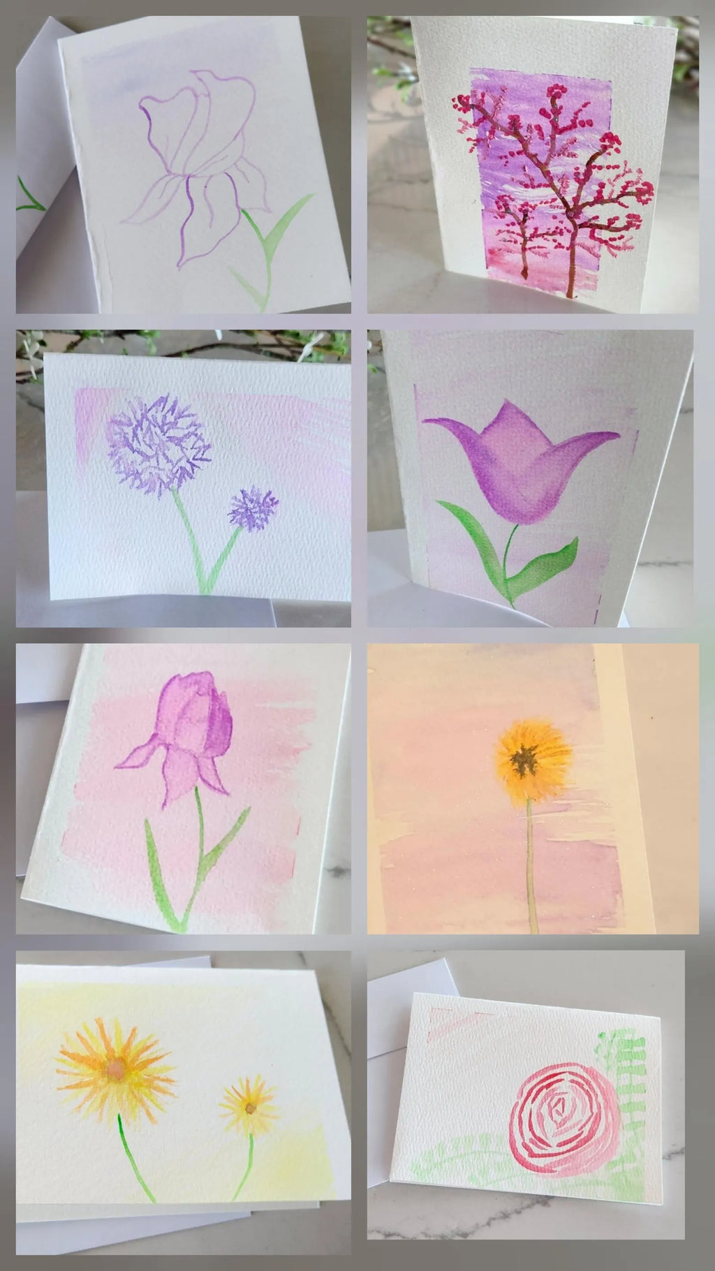 Set of 8 Original Hand Painted Flower Greeting Cards