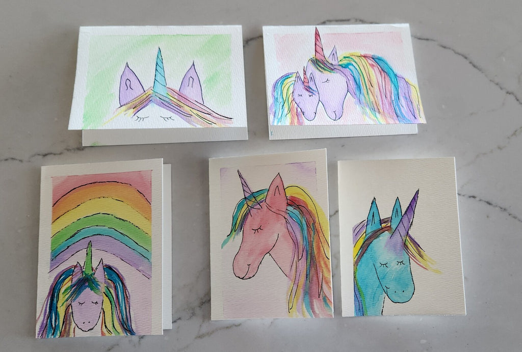 Set of 5 Hand Painted Original Blank Unicorn Cards